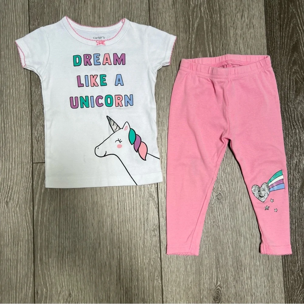 CARTERS 2PC SHORT SLEEVE SHIRT PANTS PAJAMA SET UNICORN PINK 12MO